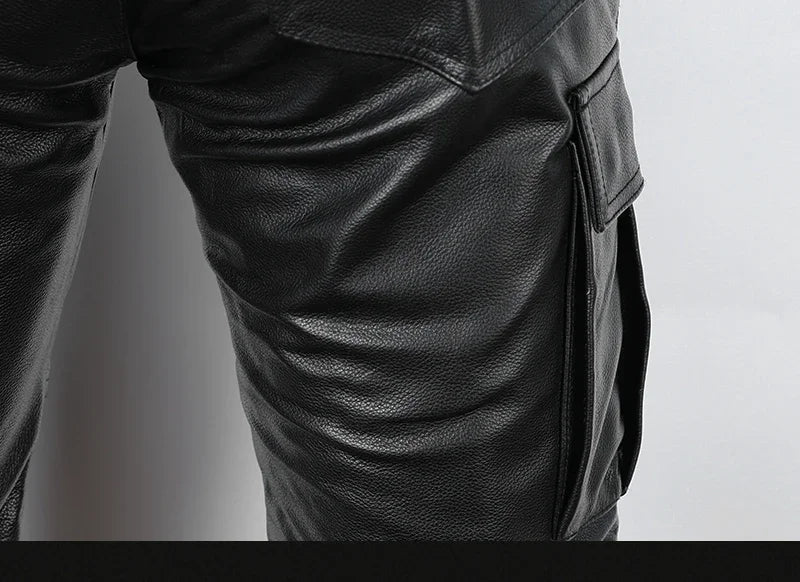 Men's Autumn Winter Punk Slim Casual Long Trousers Retro Leather Motorcycle Street Pants Windproof Warm Cowhide Pencil Pant Male