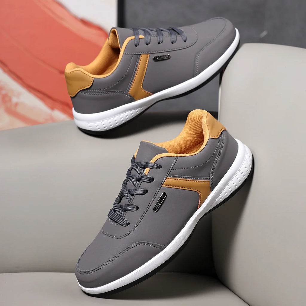 Men's Fashion Sneakers - Khaki Leather Comfortable Tennis Shoes Lace Up Large Thick Bottom Suitable for Daily Use Flat Shoes