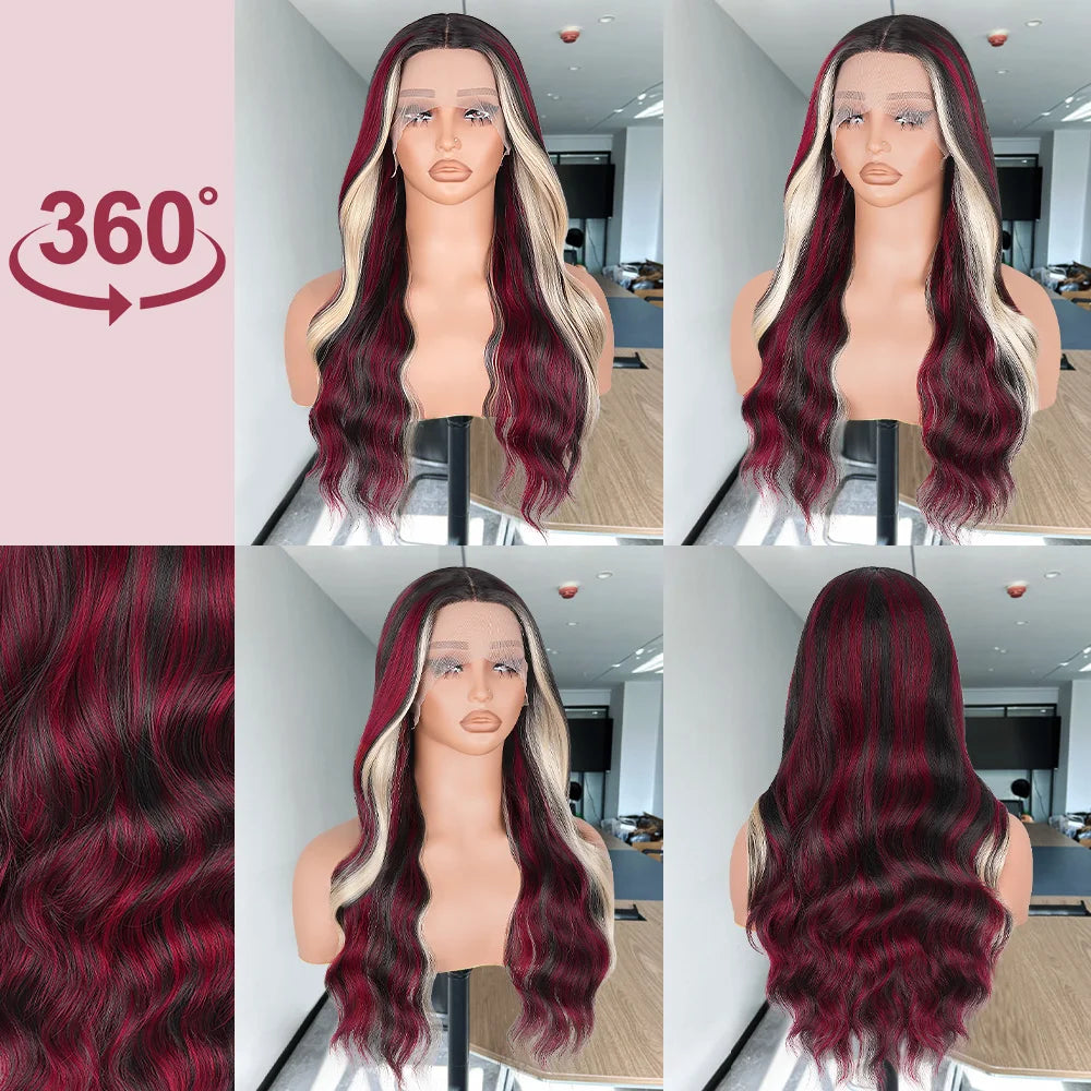 Black With Red Highlight Wig Synthetic Lace Front Wig 13X4 Pre plucked Hairline With BabyHairWomen's Wig with Density Lace Front