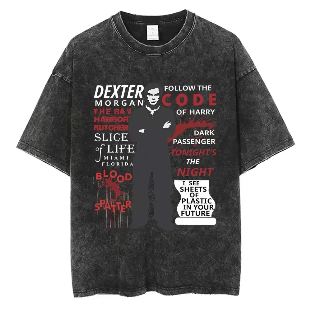 Classic TV Play Dexter Morgan Still Print T-shirt Vintage Washed Cotton Men Women Oversized Summer New Tee Casual Oversized Tops