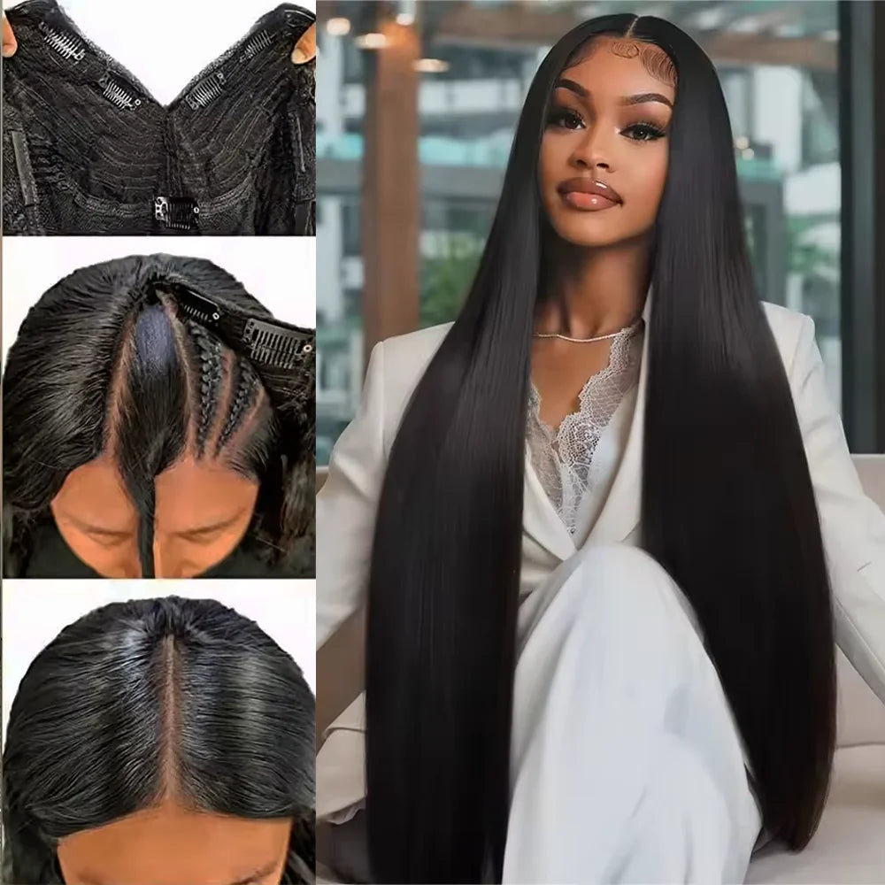 FRIZIRA kinky Straight V Part Brazilian Virgin Human Hair Wigs Glueless Upgrade U Part Wig Glueless V Shape Wig Natural Black