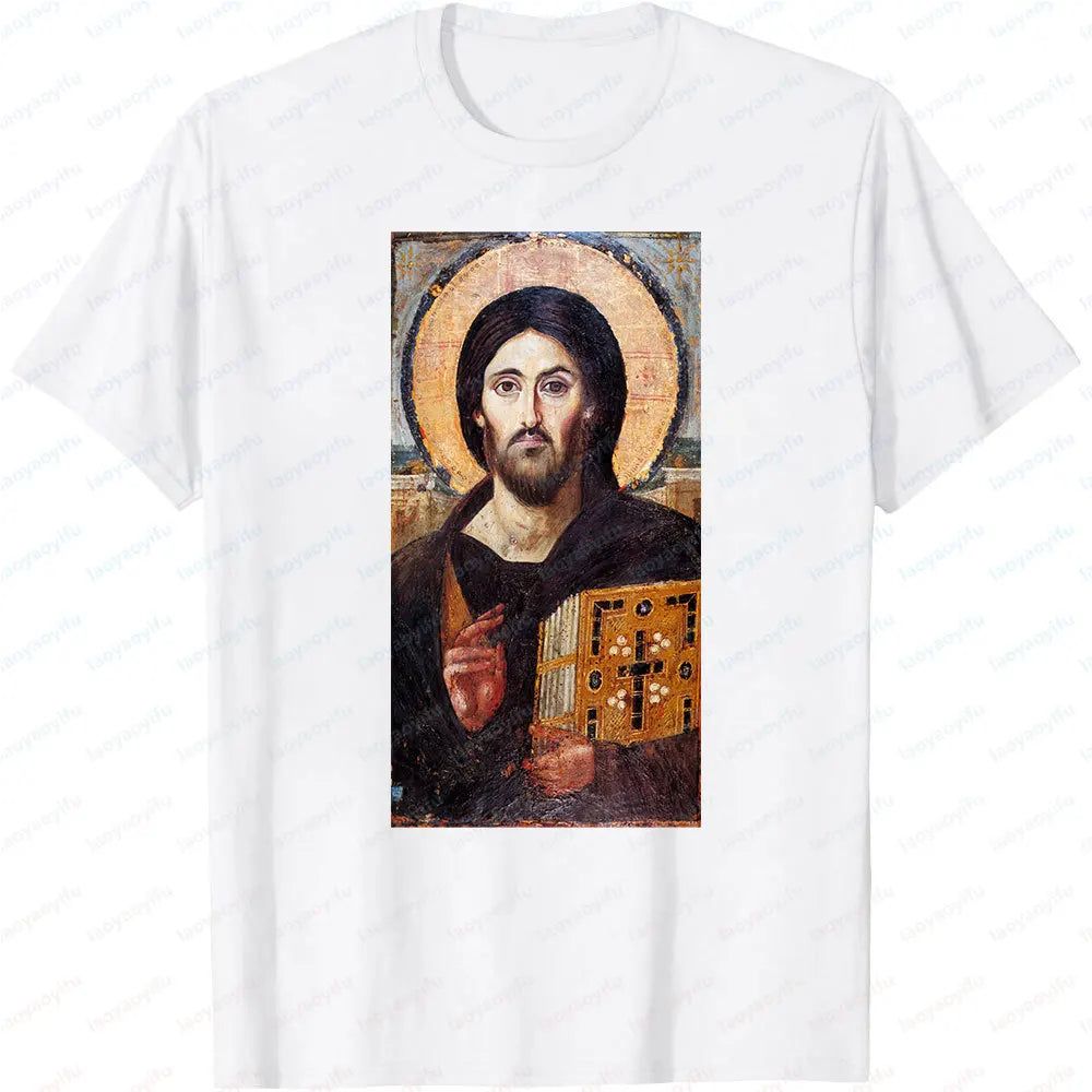 Jesus Christ Pantocrator Icon Sinai Orthodox Christian Man Gift Printed T-Shirt Summer Women Short Sleeve Cotton Unisex T Shirt