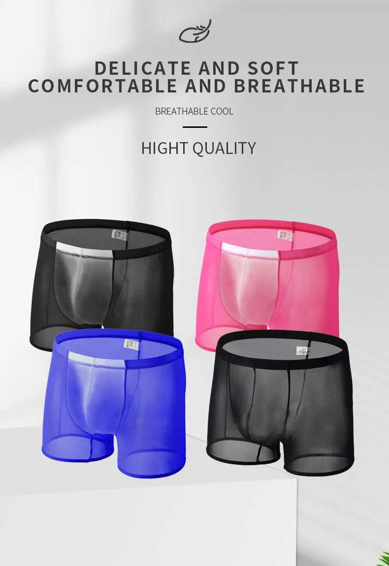 Mens Sexy Mesh Underwear Boxers Shorts Transparent Man Penis Pouch Panties Sheer Underpants Long Leg Boxershorts