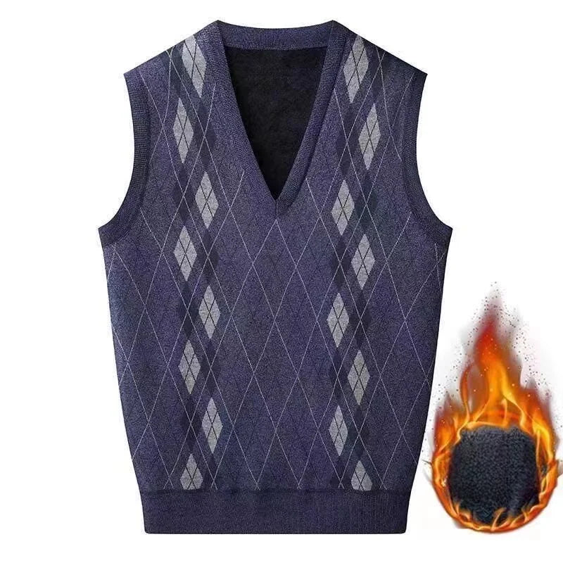 Fashion Vintage Winter Argyle Elastic Sweaters Vest Plus Fleece Thermal V-neck Sleeveless Loose Knitted Comfortable Pullover Top
