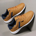 Men's Fashion Sneakers - Khaki Leather Comfortable Tennis Shoes Lace Up Large Thick Bottom Suitable for Daily Use Flat Shoes