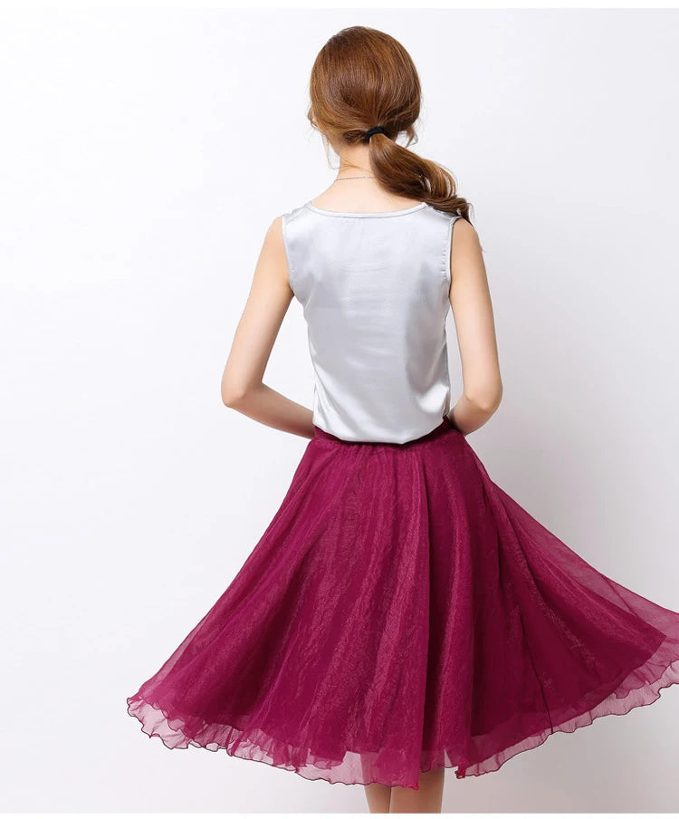 Summer Women Silk Tutu Skirts Chiffon Pleated Dance Beach Wedding Party Skirt Black White Elastic High Waist Midi Skirts
