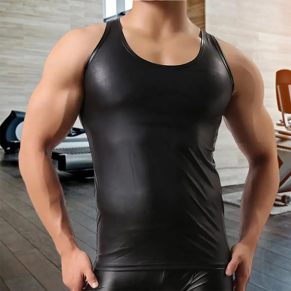 Men Club Vest Solid Color Smooth Surface Slim Fit Sleeveless Round Neck Faux Leather PClub Tank Top Men Clothes t shirt man