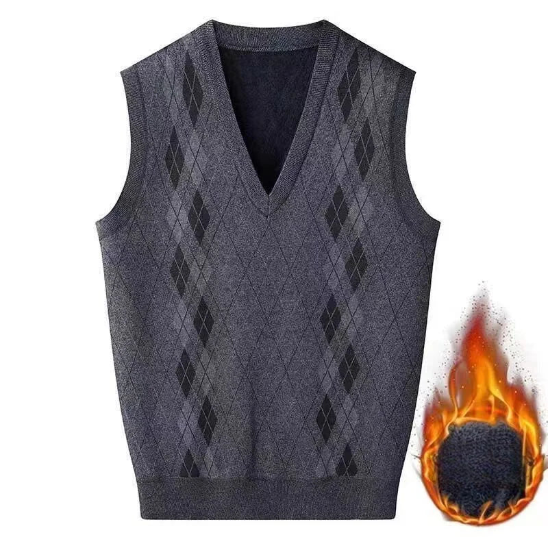 Fashion Vintage Winter Argyle Elastic Sweaters Vest Plus Fleece Thermal V-neck Sleeveless Loose Knitted Comfortable Pullover Top