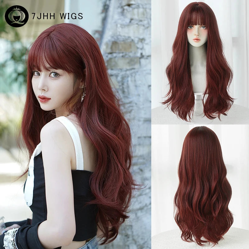 7JHH WIGS Loose Body Wavy Brown Hair Wigs with Neat Bangs High Density Synthetic Fashion Wave Wig for Women Natural Looking