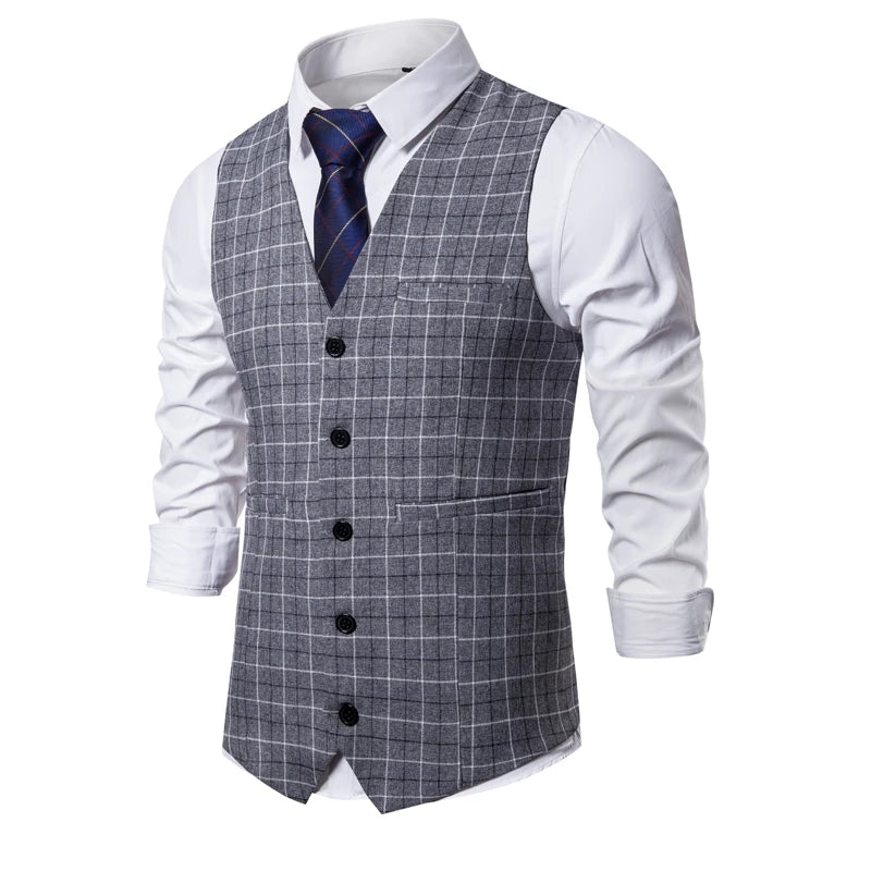New Men Business Social Checkered Suit Vest Loose Top Homme Wedding Ball Party Dress Waistcoat