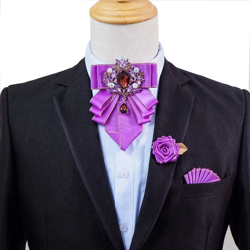 Vintage British Banquet Suit Shirt Collar Flowers Luxury French Men's Jewelry Bow Chest Clip 3-piece Set Wedding Bows Brooch Set