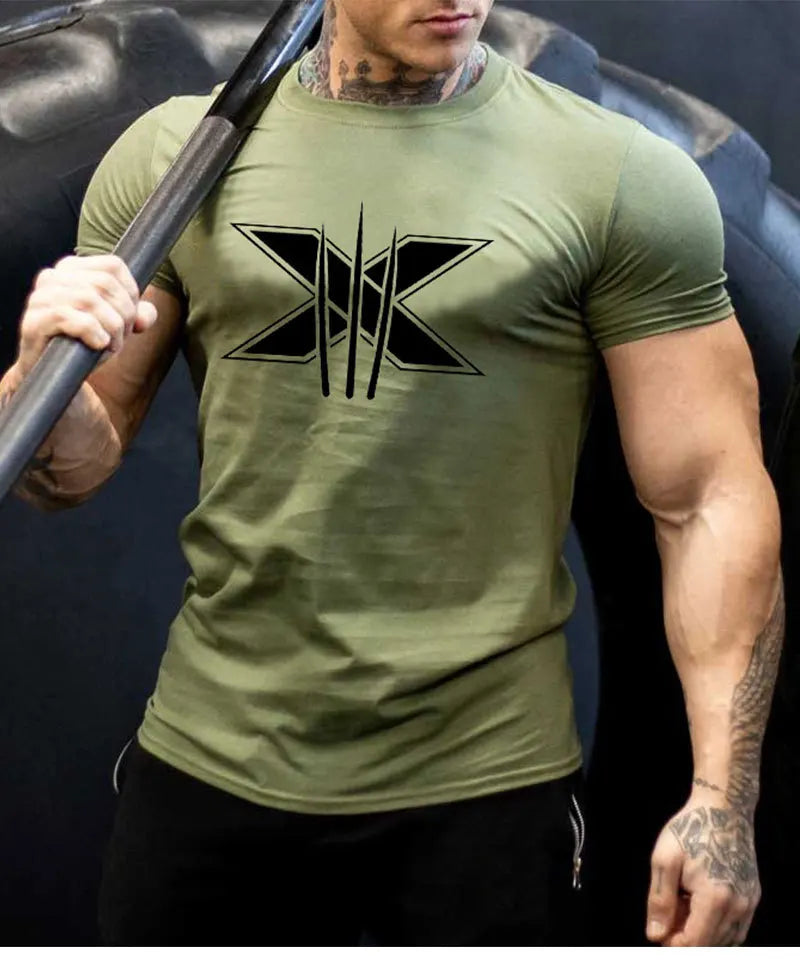 Men's Gym Fitness Clothing Man Cotton Sports Short Sleeve T-shirt Running Training Slim Printed Shirt Sweatshirt Casual Tops
