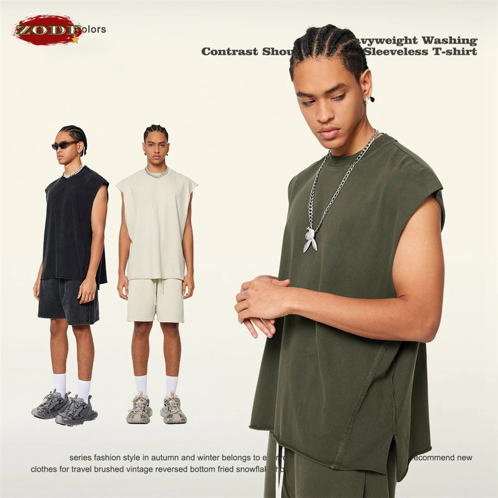 ZODF Vintage 2024 Washed 270gsm Cotton Tank Tops For Men Unisex Summer Relax Fit Slit Sleeveless Vest Streetwears HY0777