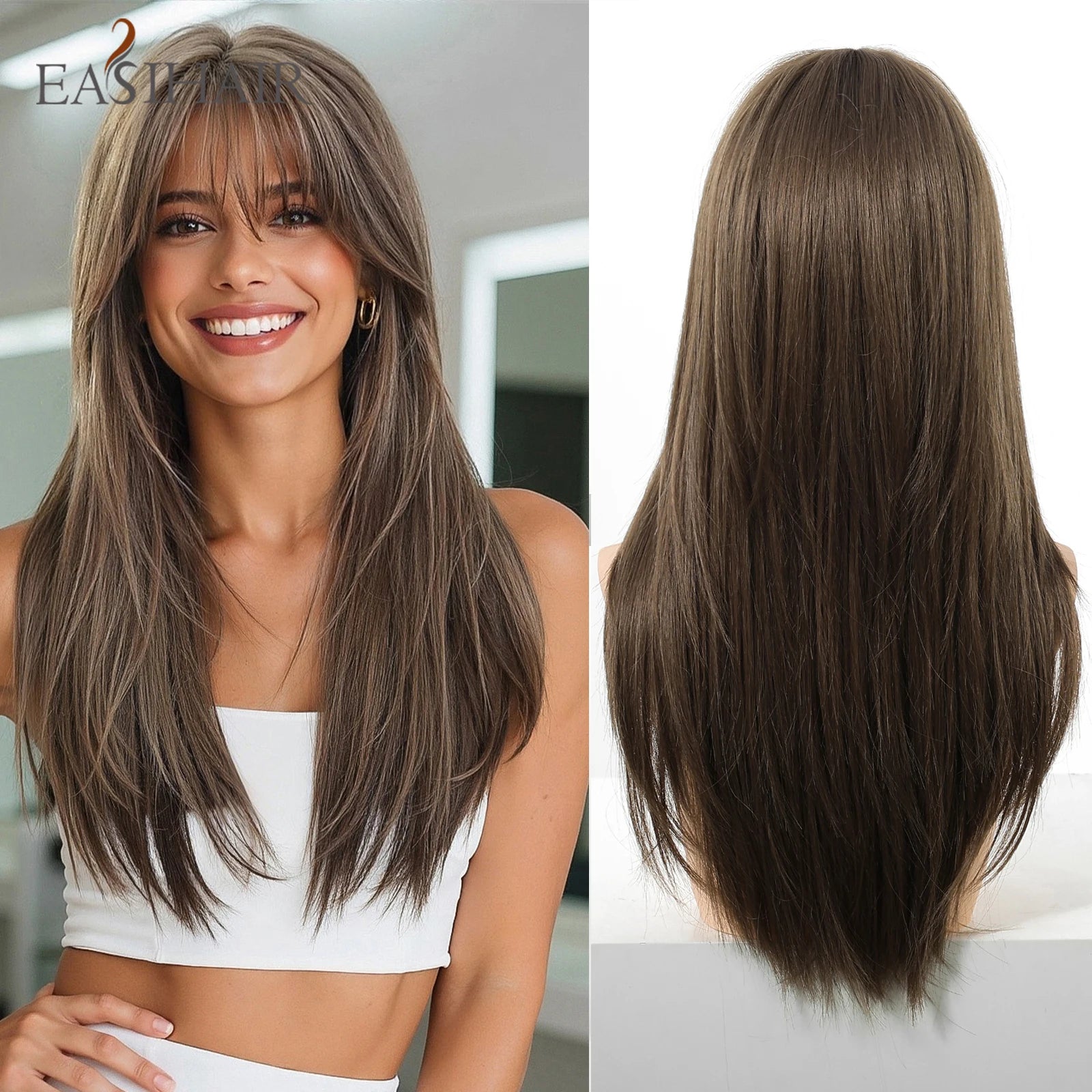 EASIHAIR Brown Straight Layered Wigs for Women Long Natural Hair Synthetic Wigs With Bangs Daily Use Party Heat Resistant Wigs