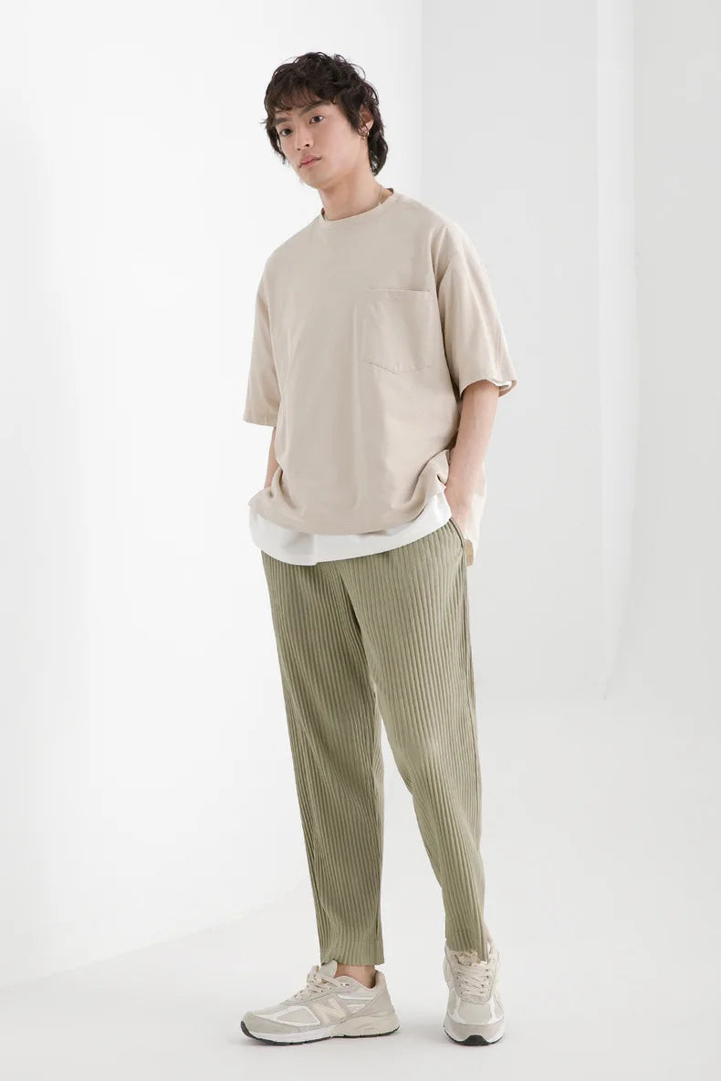 Pleats Pleated Commuter Pants Men's 2024 Autumn New Draped Elastic Trousers Casual Japanese Men Solid Color Nine Minute Pants