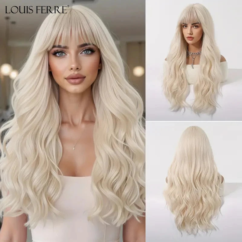 LOUIS FERRE Brown Blonde Highlights Wigs For Women Daily Long Wavy Curly Synthetic Wigs Natural Heat Resistant Hair With Bangs