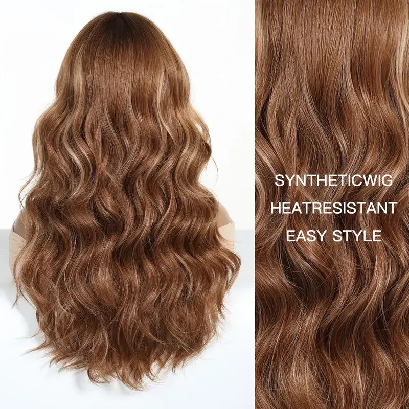 LOUIS FERRE Brown Blonde Highlights Wigs For Women Daily Long Wavy Curly Synthetic Wigs Natural Heat Resistant Hair With Bangs