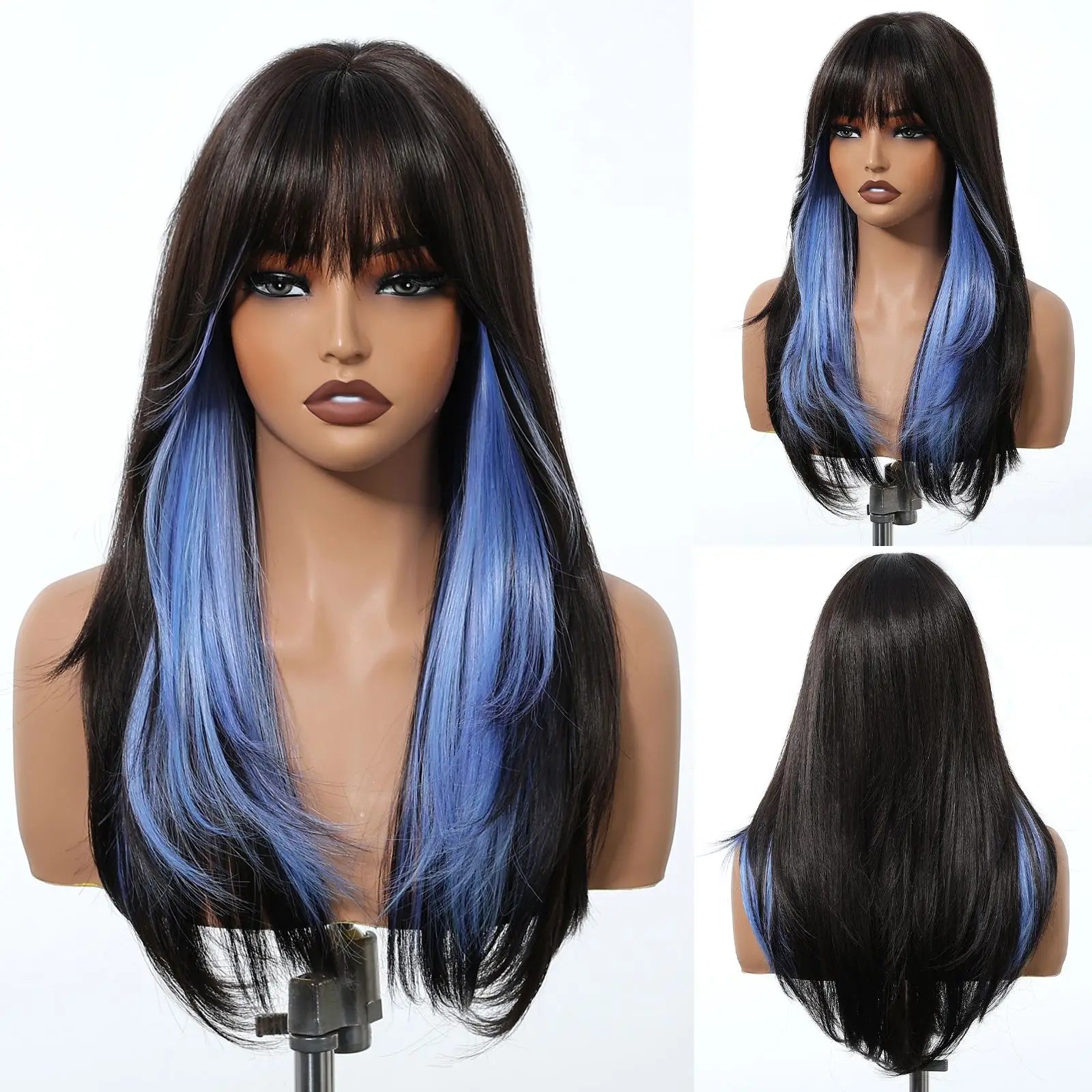 EASIHAIR Purple Synthetic Wigs for Women Long Straight Layered Hair Wigs With Side Bangs Ombre Purple Black Wigs Heat Resistant