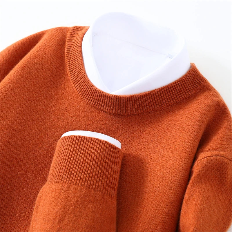 Autumn/Winter Men's 100% Pure Cashmere Pullover Business Casual Solid Knitted Sweater Loose Round Neck Tops Thick Warm Jumper