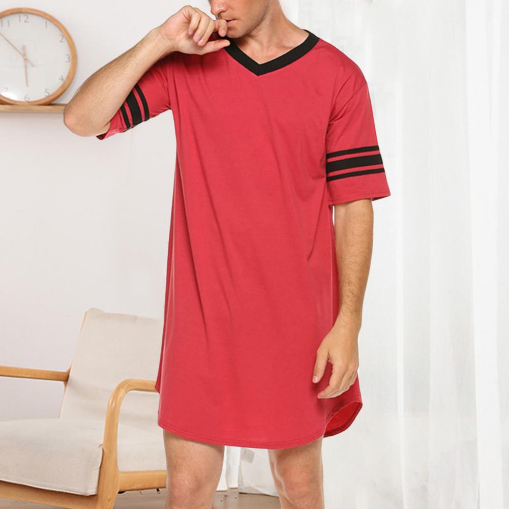 Men Summer Top Color Matching Men Loungewear Long Style Short Sleeve V Neck Home Clothes Striped Print Sleeping Clothes For Men