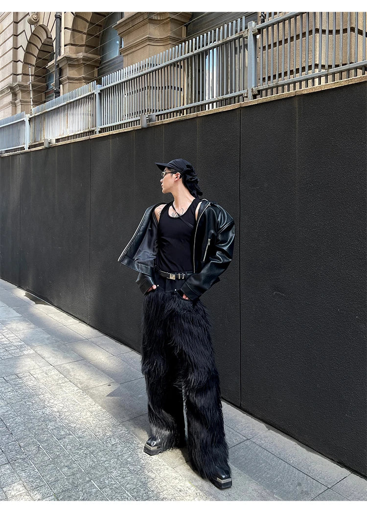 Mauroicardi Autumn Winter Long Black Thick Warm Hairy Shaggy Faux Fur Wide Leg Pants for Mens Luxury Designer Clothes Streetwear