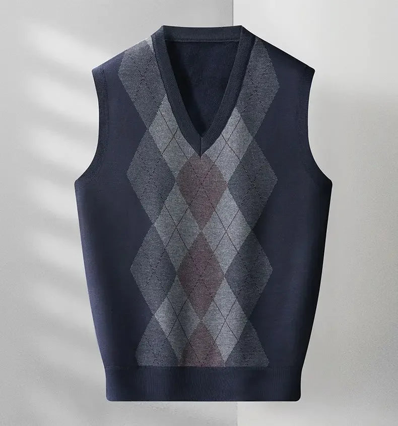 Fashion Vintage Winter Argyle Elastic Sweaters Vest Plus Fleece Thermal V-neck Sleeveless Loose Knitted Comfortable Pullover Top