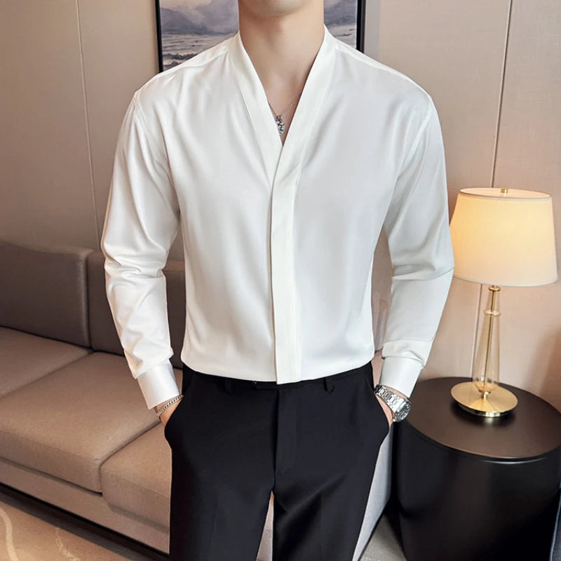 High Quality Collarless Shirts Men Fashion Slim Fit Long Sleeve Casual Shirts Business Office Social Formal Shirt Men Clothig