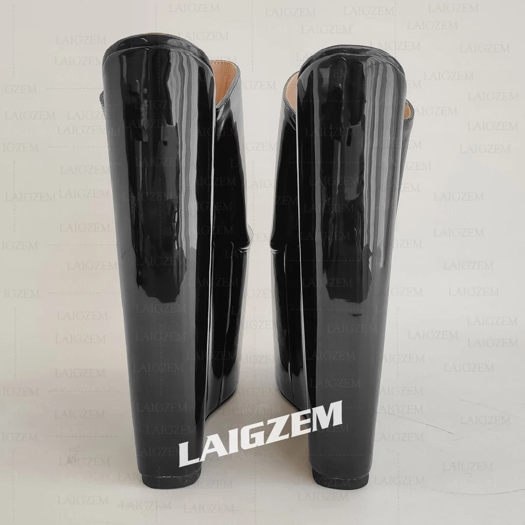 LAIGZEM Women Pumps Wedges Slip on Peep Toe 22CM High Heels Mules Party Ladies Height Increase Shoes Woman Large Size 41 44 48