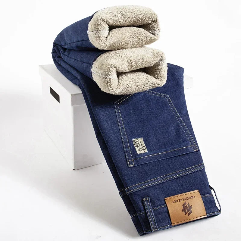 Winter Lamb Fluff Denim Straight Pants Men Thicken Big Size 40 Jeans High Waist Stretch Jeansy Fleece Lined Warm Slim