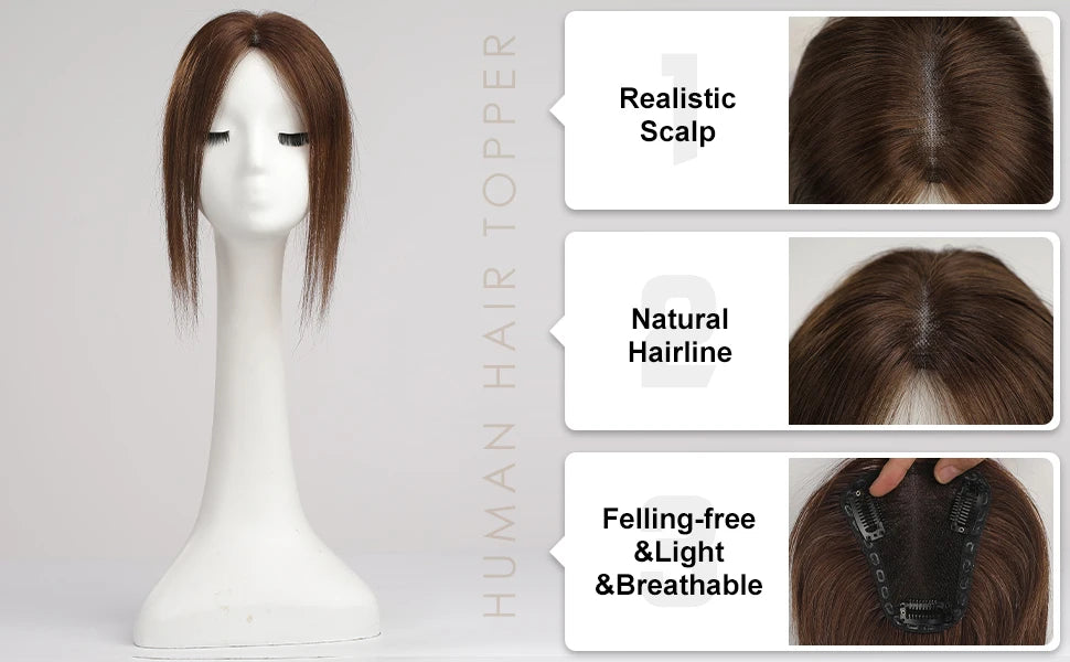 Chocolate Brown Remy Human Hair Toppers 12inches Straight Topper Lace Base Clips in Hair Human Hair Pieces Extensions for Women