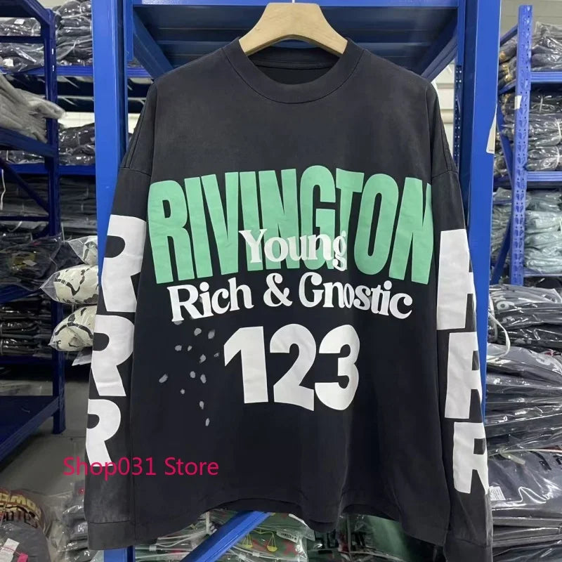 R123 Long Sleeve T Shirt Vintage Washed 100% Cotton Loose Fit Casual Mens Pullover  oversized t shirt