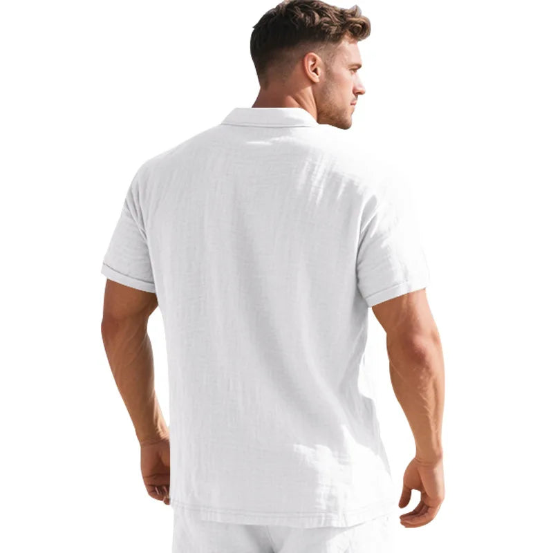 2025Summer New Men's Shirt British Style Loose Trendy Breathable Linen Casual Polo Collar Series POLO Shirt Short Sleeve
