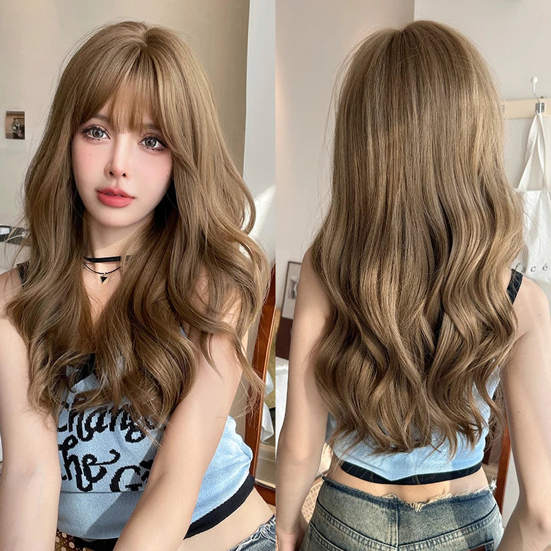7JHH WIGS Body Wavy Wig Long Loose Curly Brown Wig for Women Daily Use High Density Synthetic Layered Hair Wigs with Bangs