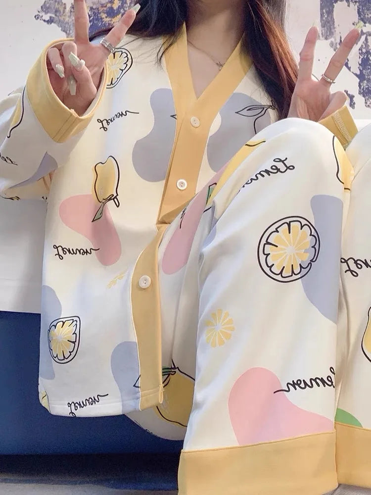 Y2k Women's 100% POLYESTER Pajamas with Cartoon Print Korean Fresh Ins Style Harajuku Lounges 2pcs 2024 New Spring/fall Homewear