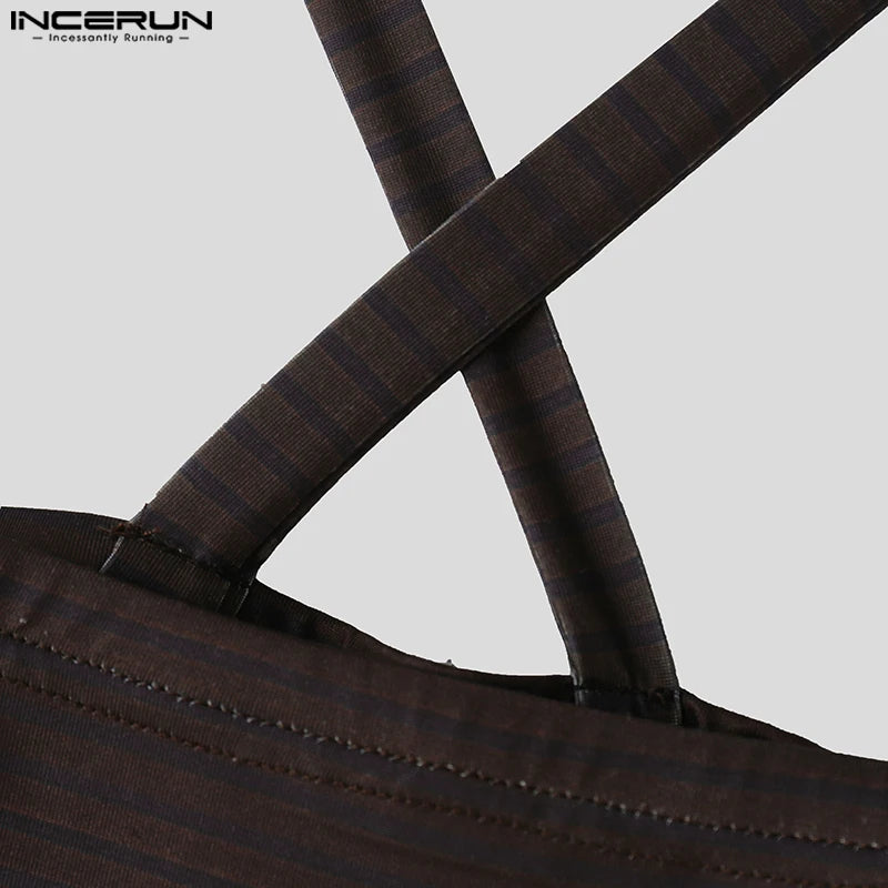 INCERUN Tops 2025 American Style Fashion New Men Striped Metal Strip Hanging Neck Vests Summer Sexy Casual Personality Tank Tops