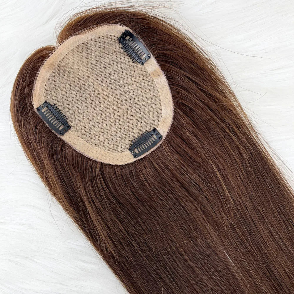 11x13cm Dark Brown Human Hair Topper Silk Base Hand Tied Silk Top Toupee Breathable Remy Hair Piece with Clips in for Women