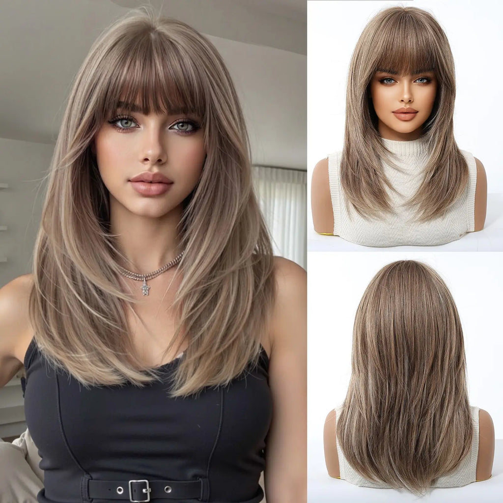 EASIHAIR Purple Synthetic Wigs for Women Long Straight Layered Hair Wigs With Side Bangs Ombre Purple Black Wigs Heat Resistant