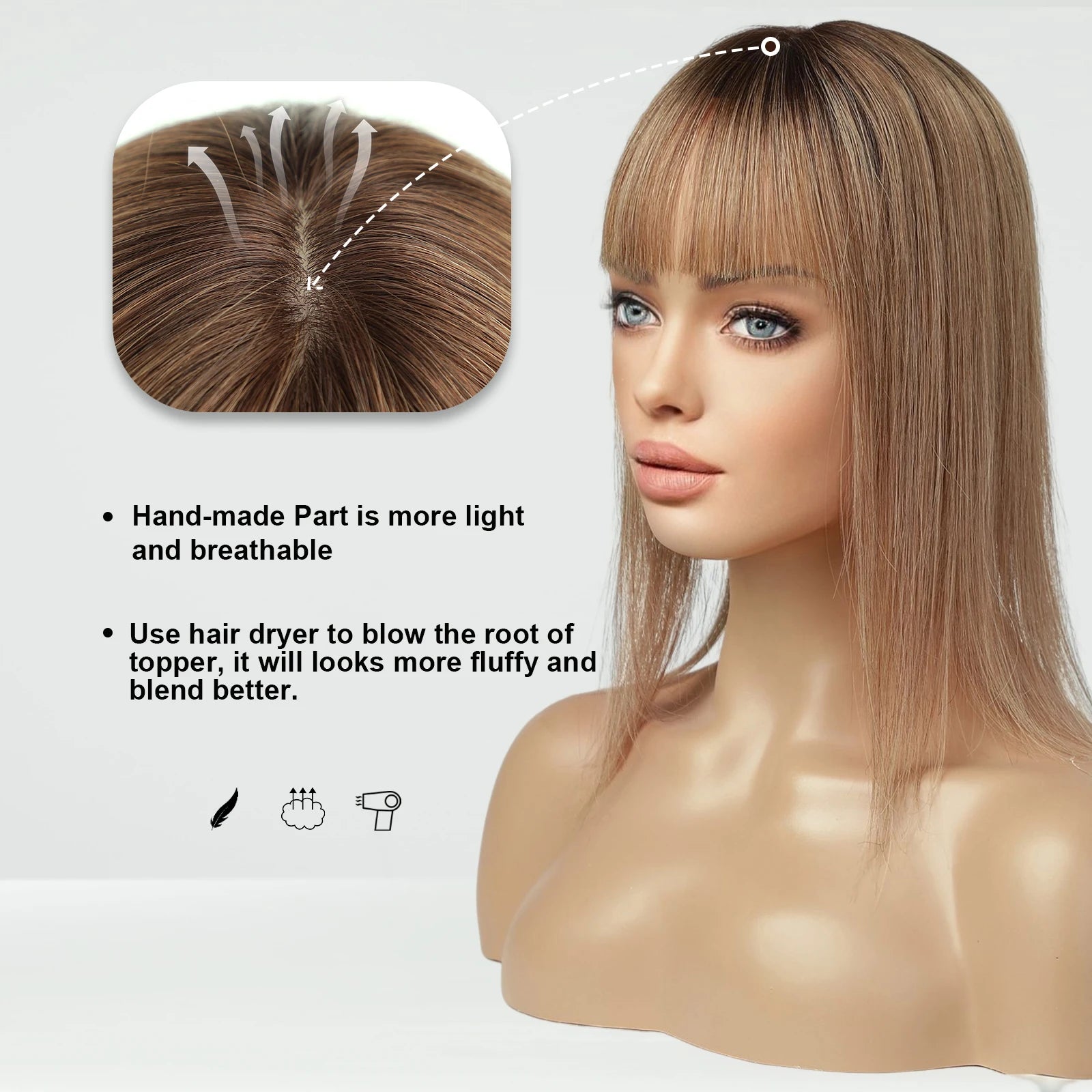 Ombre Brown Real Human Hair Toppers Wigs with Bangs Silk Base Clip Pieces 14inch Straight Topper Hairs for Women Hair Extension