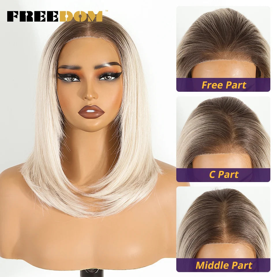 FREEDOM Layered Straight Synthetic Lace Front Wigs For Women Short Bob 6x4 Wear And Go Glueless Wig Ombre Brown Pre Plucked Wigs