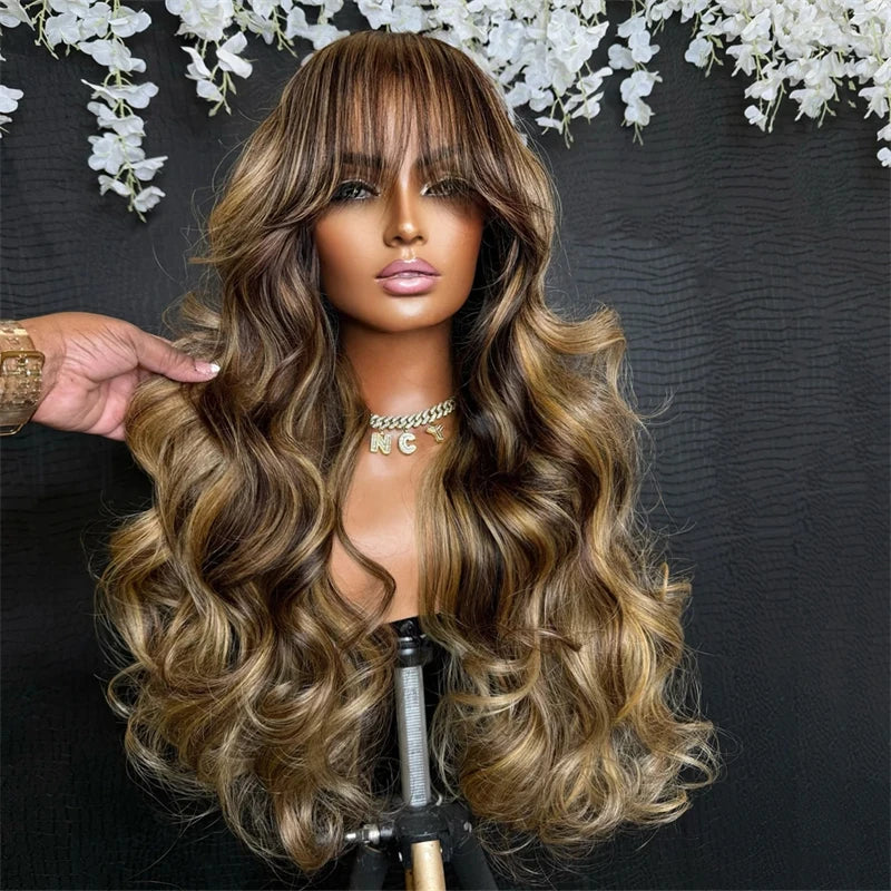Ash Brown Mixed with Dirty Blonde Wig Natural Women"s Hairs Synthetic Lace Front Wigs with Bangs Long Glueless Wig Fringe Sale