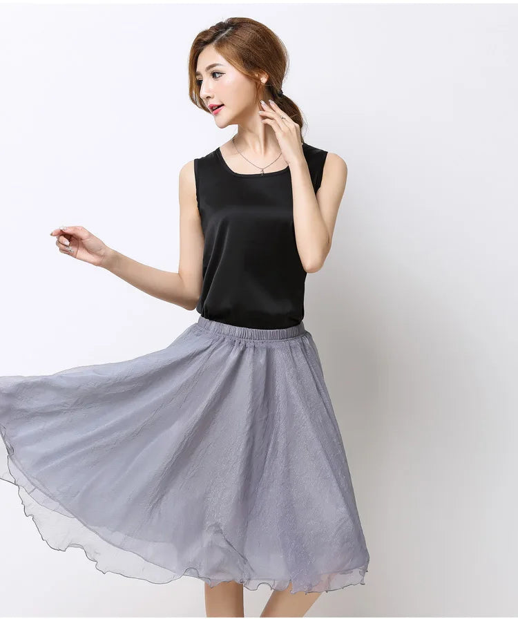 Summer Women Silk Tutu Skirts Chiffon Pleated Dance Beach Wedding Party Skirt Black White Elastic High Waist Midi Skirts