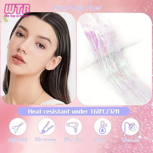 12Pcs Clip in Hair 20 Inch Synthetic Colorful Glitter Tinsel Hair Extension Fashion Party Christmas New Year Gift for Women Hair