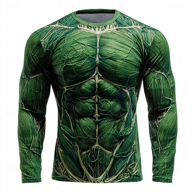 2026 New Men's Creative Muscle Texture Print T-Shirt Quick-Dry Crew Neck Long Sleeve Top Men's Casual Long Sleeve Pullover