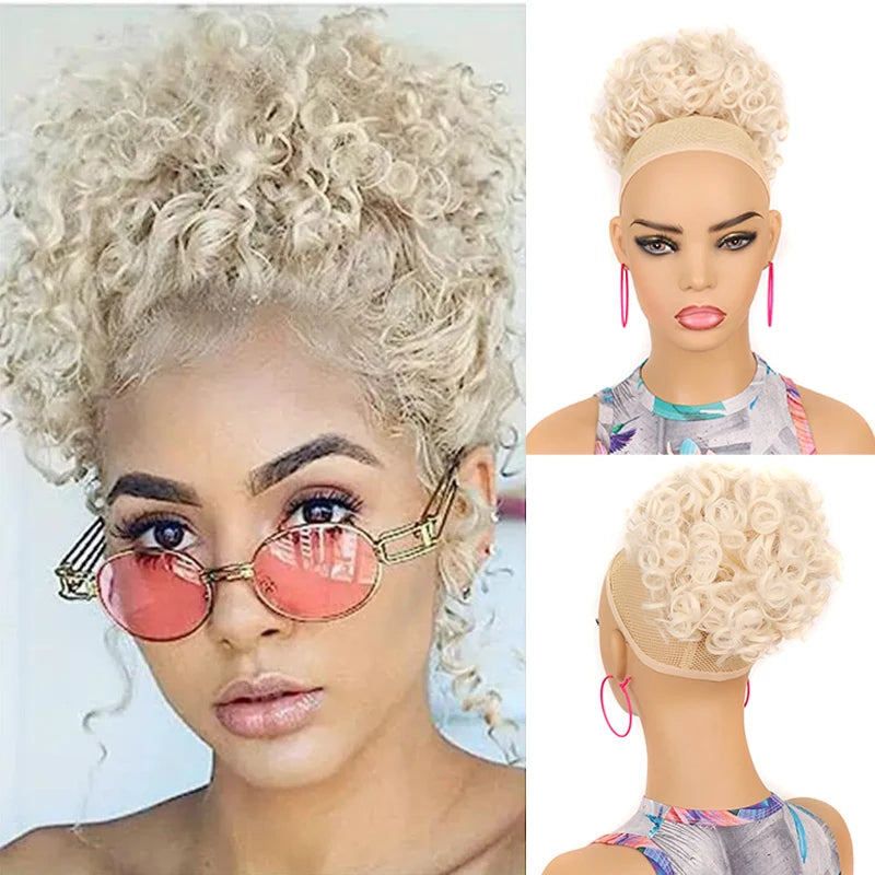 Brown Curly Hair Bun Curly Wave Drawstring Ponytail Buns Extensions for Women Heat Resistant Synthetic Updo Chignon False Hair