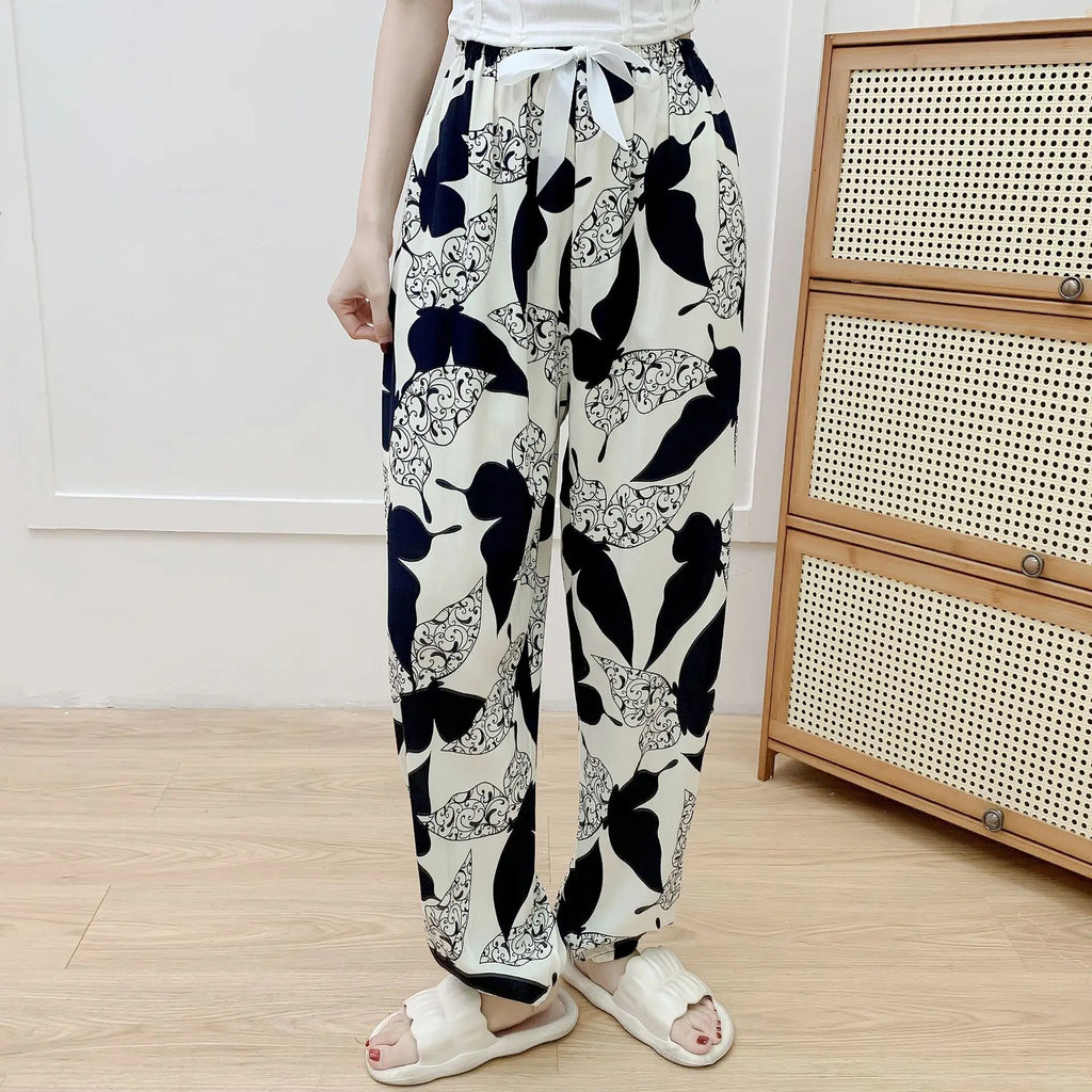 New Korean Style Pants Summer Cropped Trousers Women's Flower Home Clothes Loose Wide Leg Pants Casual Beach Outfits Sweatpants