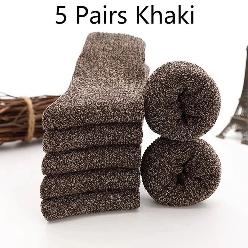 5 Pairs Winter Socks Men's Wool Warm Socks Thick Towel Mid-Calf Anti-Cold Snow Boots Socks Retro Solid Color Merino Terry Socks