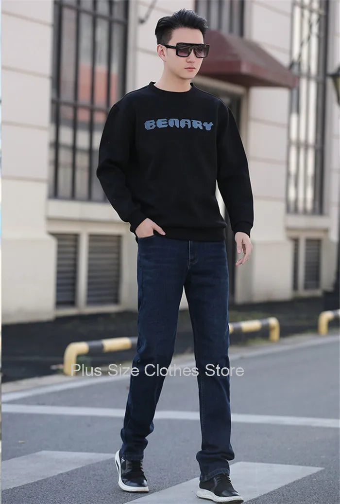 Tall Man Fleece Jeans 117CM Extra Long Stretched Plus Size 42 44 Fit Trousers Warm Autumn Winter High Waist Denim Pants Trousers