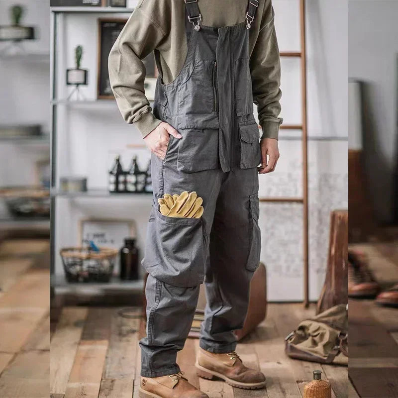 Retro American Cotton Overalls Loose Jumpsuit Men's Cargo Pants Men Suspenders Bibs Four Seasons Full Length Baggy Pants