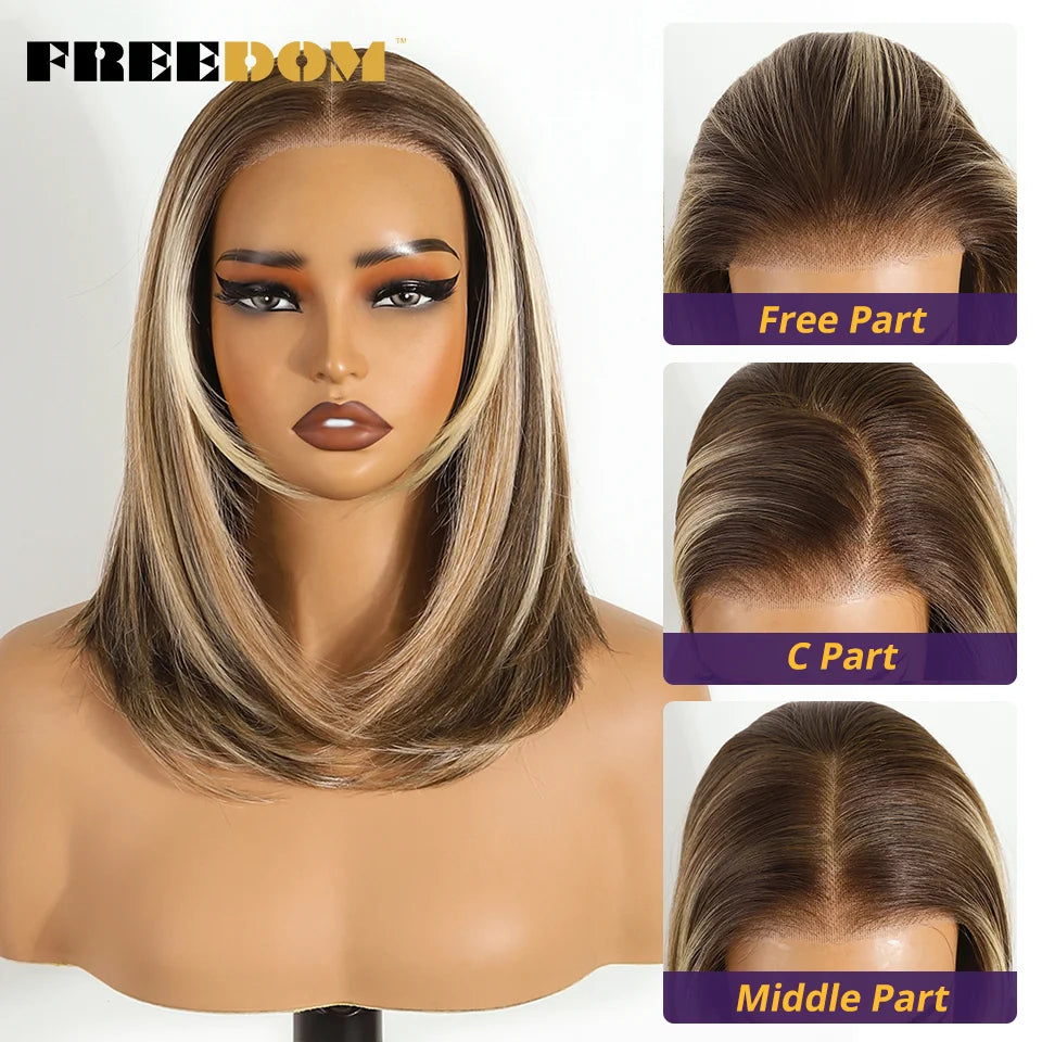 FREEDOM Layered Straight Synthetic Lace Front Wigs For Women Short Bob 6x4 Wear And Go Glueless Wig Ombre Brown Pre Plucked Wigs