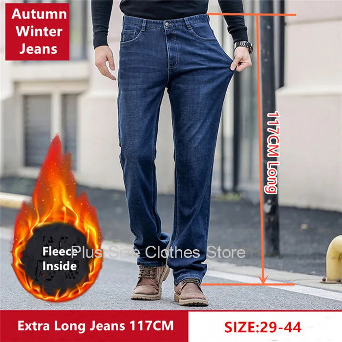 Tall Man Fleece Jeans 117CM Extra Long Stretched Plus Size 42 44 Fit Trousers Warm Autumn Winter High Waist Denim Pants Trousers
